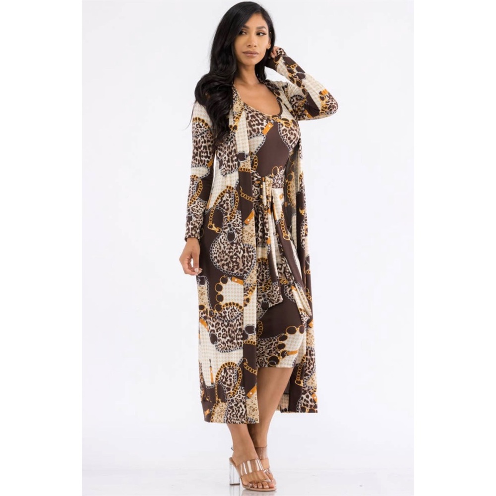 Two-Piece Dress and Cardigan Set, Sizes Small - 1XLarge (Chain Print) - Picture 4 of 6